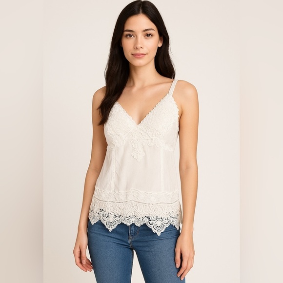 Johnny Was Tops - Johnny Was White Embroidered Lace Camisole Tank Top Size Small